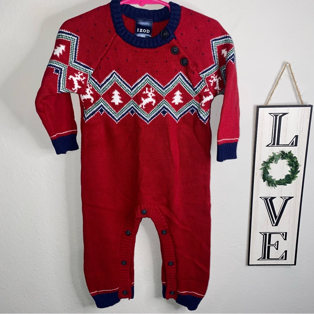 IZOD BABY BOYS ONE PIECE LONG SLEEVE CHRISTMAS REINDEER SWEATER OUTFIT